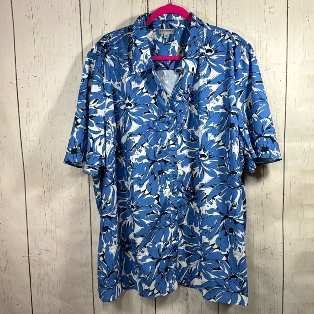 Catherines Blue Floral Button Front Blouse Top 4X Plus Size Career Casual Summer